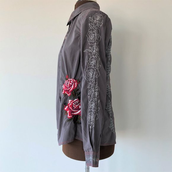 Embroidered Purple Grey Button Front Shirt - Picture 3 of 9